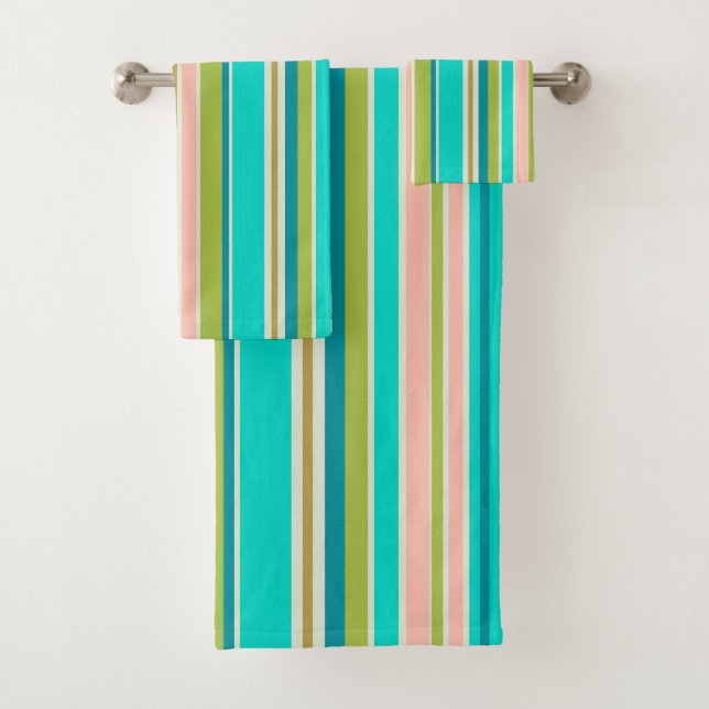 Retro vertical pink turquoise and peach stripes bath towel set (Insitu)