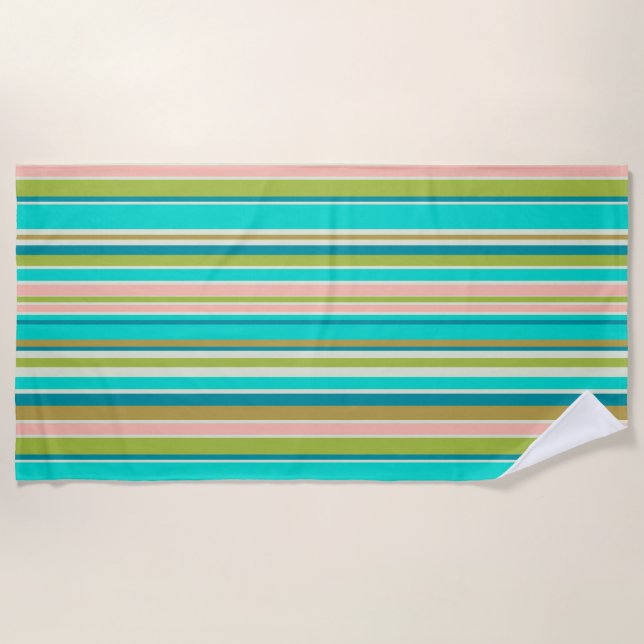 Retro vertical pink turquoise and peach stripes beach towel (Front)