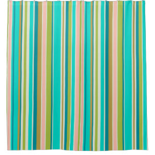 Retro vertical pink turquoise and peach stripes shower curtain