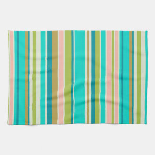 Retro vertical pink turquoise and peach stripes tea towel