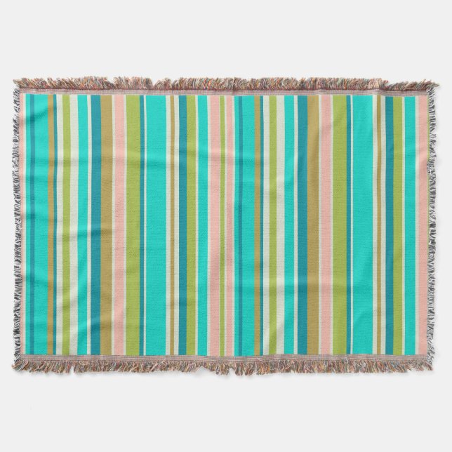 Retro vertical pink turquoise and peach stripes throw blanket (Front)