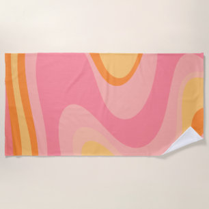 Retro Vibe Abstract Swirl 60s 70s Pink and Orange  Beach Towel