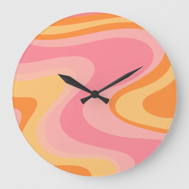 Retro Vibe Abstract Swirl 60s 70s Pink and Orange Large Clock (Front)