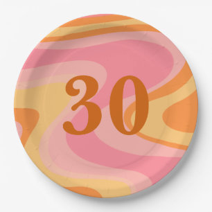 Retro Vibe Abstract Swirl 60s 70s Pink and Orange Paper Plate