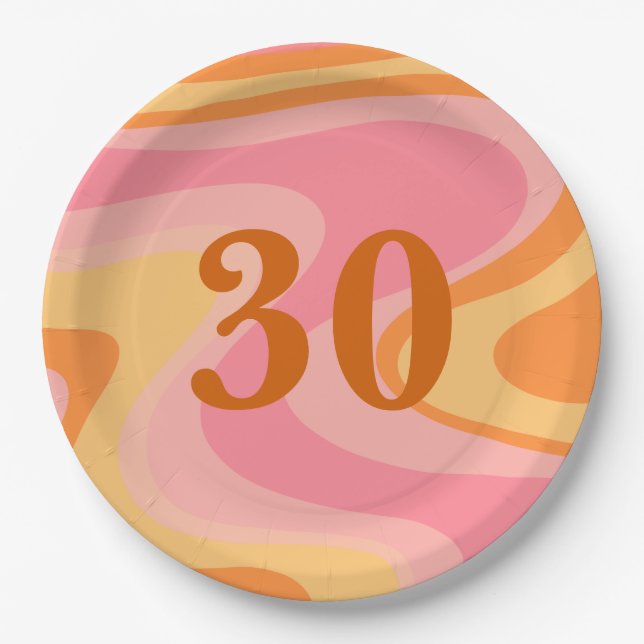 Retro Vibe Abstract Swirl 60s 70s Pink and Orange Paper Plate (Front)