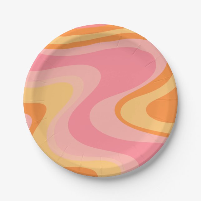 Retro Vibe Abstract Swirl 60s 70s Pink and Orange Paper Plate (Front)