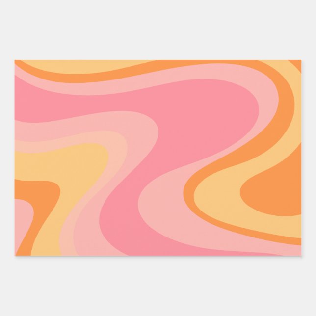 Retro Vibe Abstract Swirl 60s 70s Pink and Orange Wrapping Paper Sheet (Front)