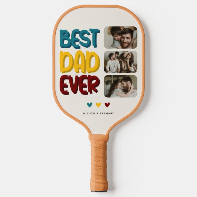 Retro Vibe 'Best Dad Ever' 3 Photo Collage Pickleball Paddle (Front)