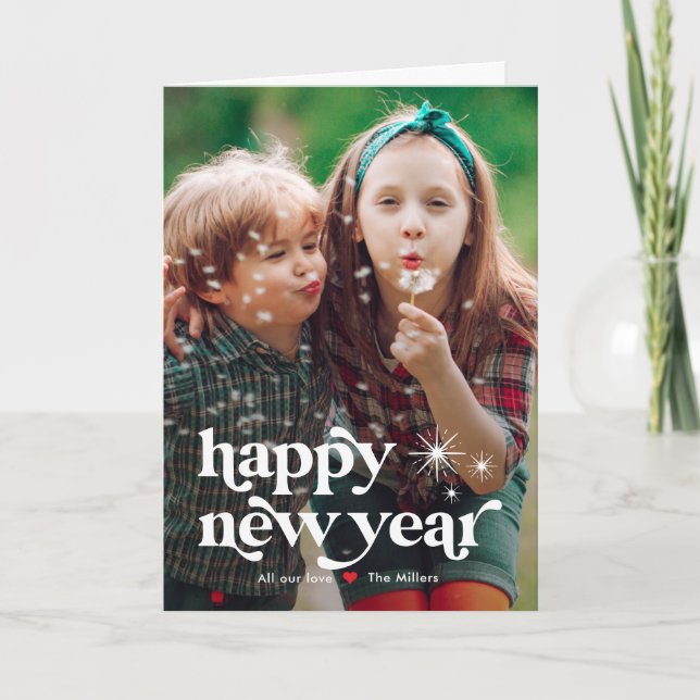 Retro Vibe Happy New Year Photo Card (Front)