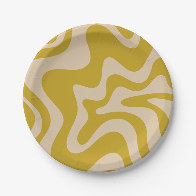 Retro Vibe Liquid Swirl Pattern in Mustard Yellow Paper Plate (Front)
