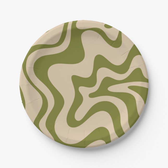 Retro Vibe Liquid Swirl Pattern in Olive Green Paper Plate (Front)
