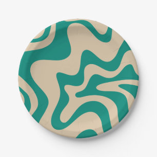 Retro Vibe Liquid Swirl Pattern in Teal and Beige Paper Plate