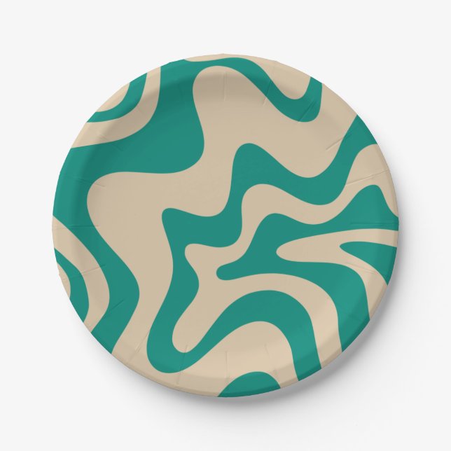 Retro Vibe Liquid Swirl Pattern in Teal and Beige Paper Plate (Front)