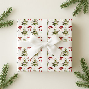 Retro vibe, red bows and Christmas tree pattern Wrapping Paper