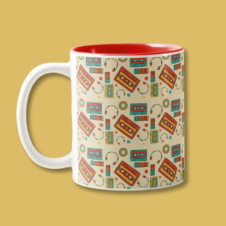 Retro Vibes - 1980s Cassette Tapes Pattern Two-Tone Coffee Mug