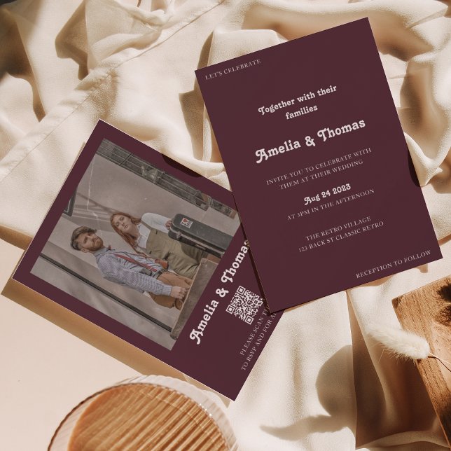 Retro Vibes Burgundy Photo QR Code Wedding Invitation (Creator Uploaded)