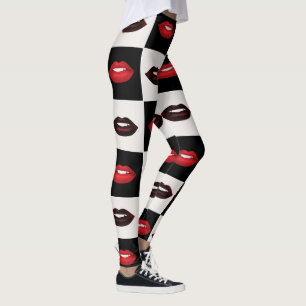 Retro Vibes Chequerboard Hot Red Lips Pattern Leggings
