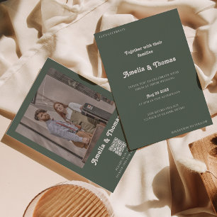 Retro Vibes Dark Green Photo QR Code Wedding Invitation