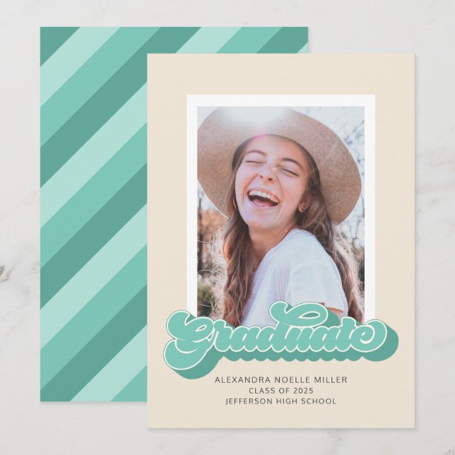 Retro Vibes (Green) Photo Graduation Announcement (Front/Back)