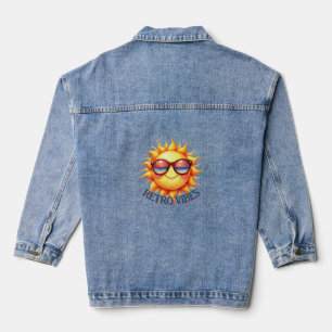 Retro Vibes Groovy 70s Smiling Sun with Sunglass Denim Jacket