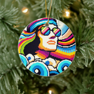 Retro Vibes: Groovy Hobbies in Pixel Art Ceramic Tree Decoration