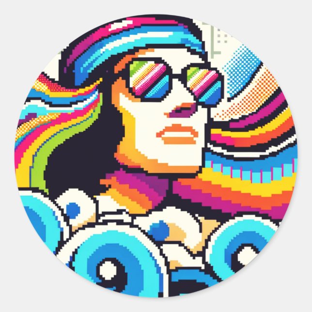 Retro Vibes: Groovy Hobbies in Pixel Art Classic Round Sticker (Front)