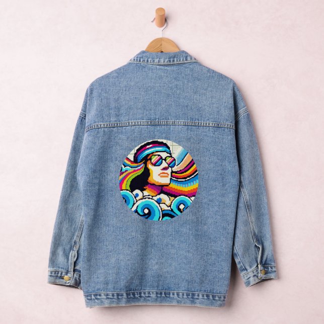 Retro Vibes: Groovy Hobbies in Pixel Art Denim Jacket (Hangar)