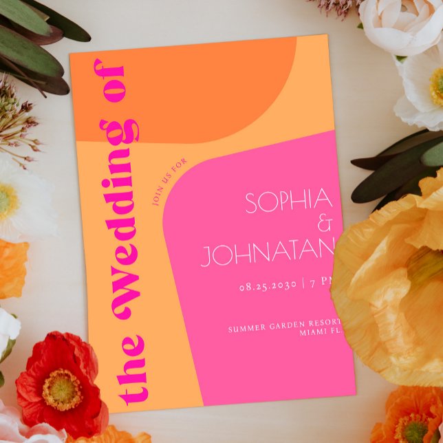 Retro vibes orange pink bold abstract wedding invitation (Creator Uploaded)