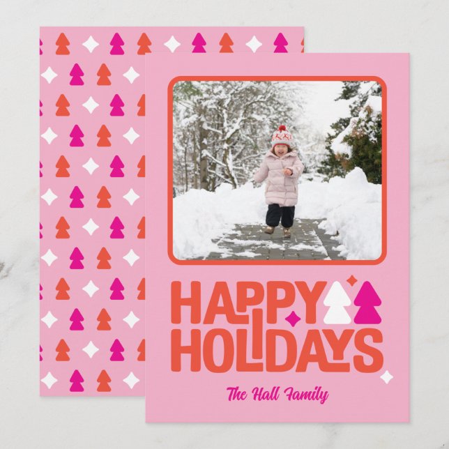 Retro Vibes Pink Orange Holiday Photo Card (Front/Back)