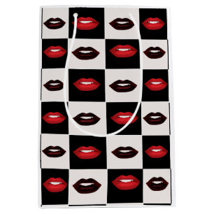 Retro Vibes Red Lips Black and White Checkerboard Medium Gift Bag