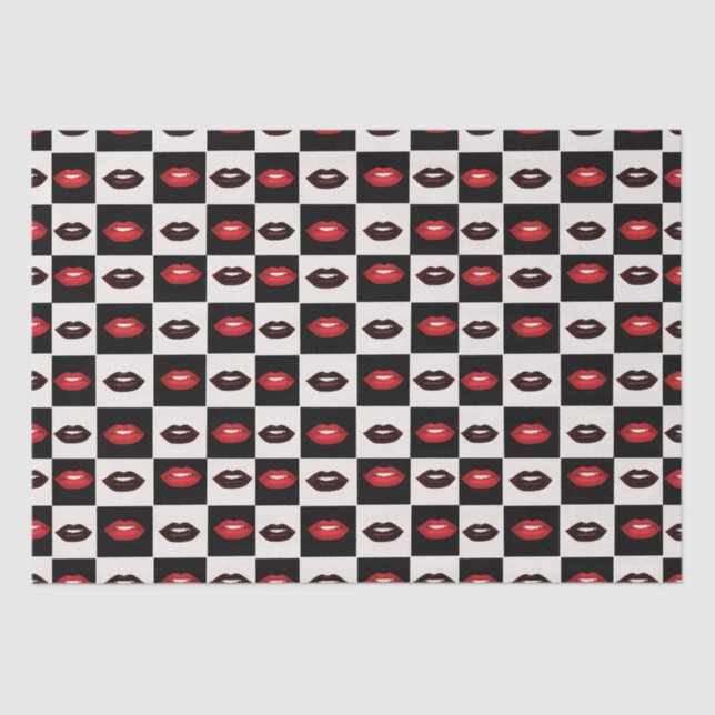Retro Vibes Red Lips Black and White Chequerboard Tissue Paper (Front)