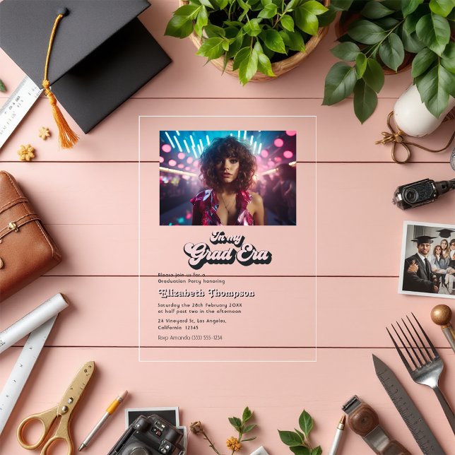 Retro Vibes Trendy In My Grad Era Graduation Party Acrylic Invitations (Retro Vibes Trendy In My Grad Era Graduation Party Acrylic Invitations)