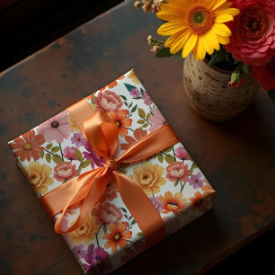 Retro Vibrant Botanical Floral & Foliage Pattern Wrapping Paper