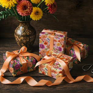 Retro Vibrant Botanical Floral & Foliage Pattern Wrapping Paper Sheet