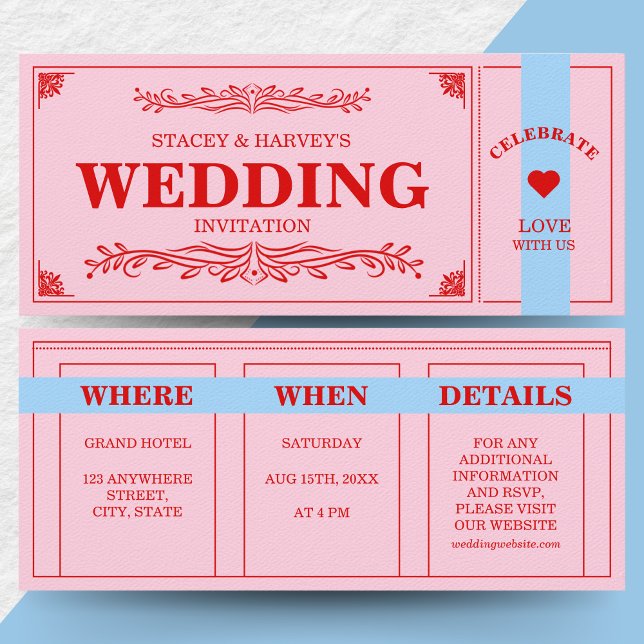 Retro Vibrant Colour Block Red Pink Blue Aesthetic Invitation (Color block vibrant Bold Wedding suite - pink, red, blue)