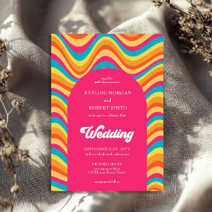 Retro vibrant colours wave groovy font wedding invitation