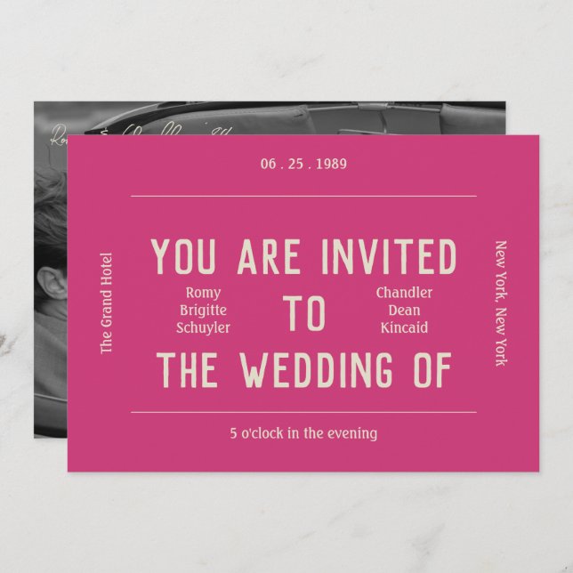 Retro Vibrant Pink and Cream Wedding  Invitation (Front/Back)