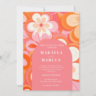 Retro Vibrant Pink Arch Wedding Invitation