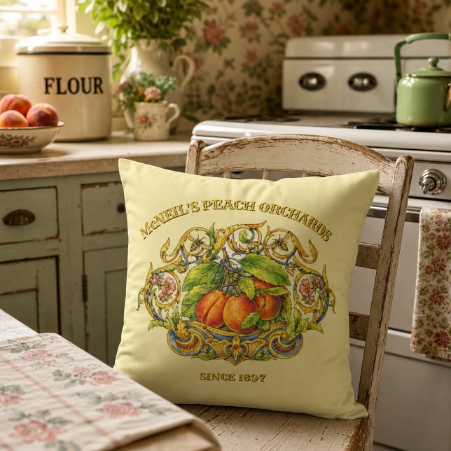 Retro Victorian Era Peach Orchard Label Template Cushion (Creator Uploaded)