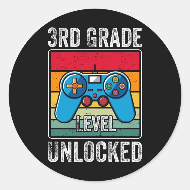 Retro Video Game 3rd Grade Level Unlocked Gift Classic Round Sticker (Front)