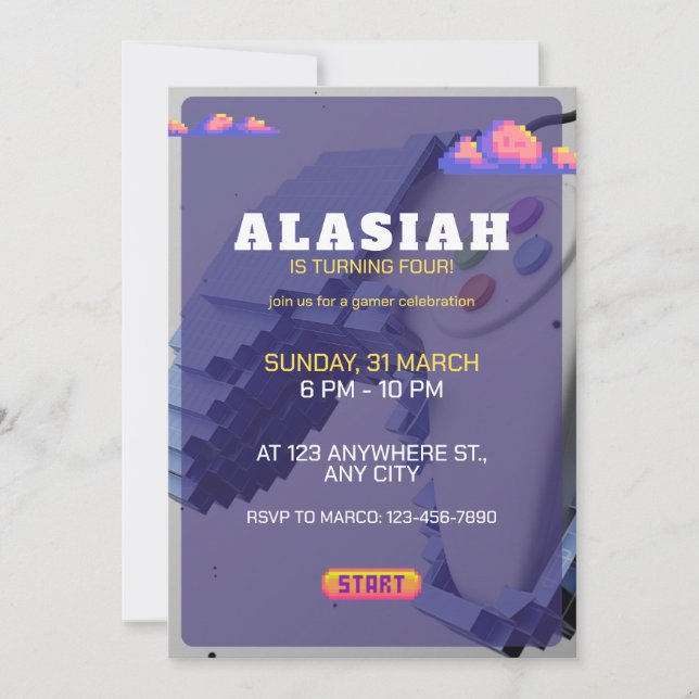 Retro Video Game Birthday Party Invitation Gaming (Front)