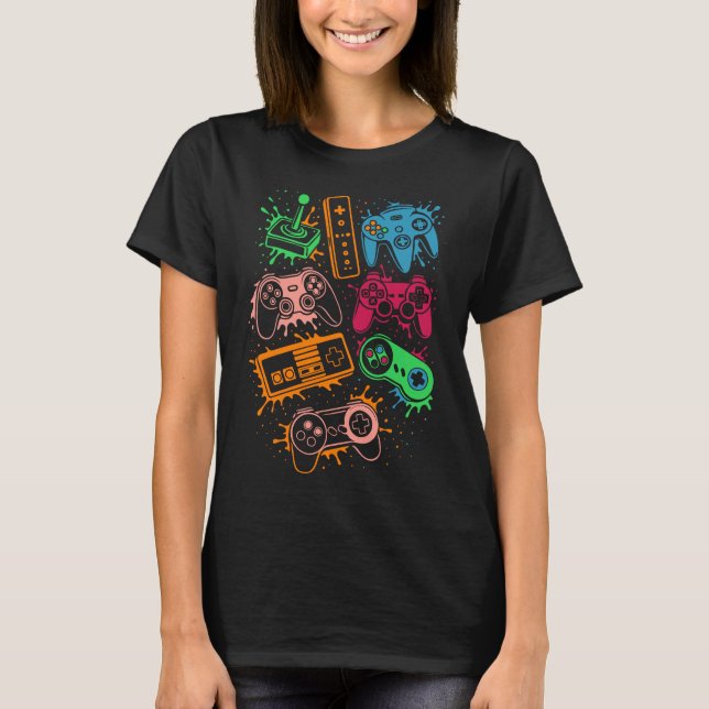 Retro Video Game Controllers Gaming Splash T-Shirt (Front)