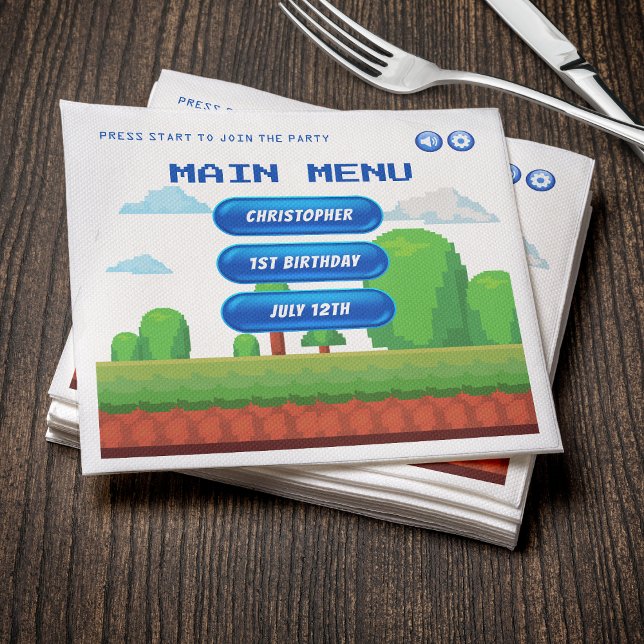 Retro Video Game Menu 1st Birthday Party Napkin (Creator Uploaded)