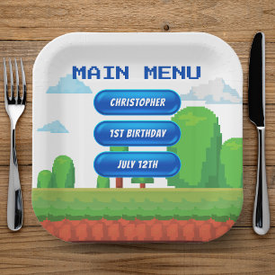 Retro Video Game Menu 1st Birthday Party Paper Plate