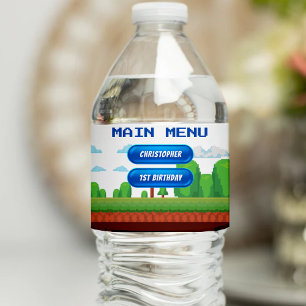 Retro Video Game Menu 1st Birthday Party Water Bottle Label