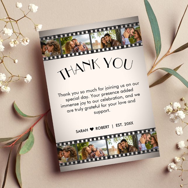 Retro Vignette Photo Collage Film Strip Wedding Thank You Card (Retro Vignette Photo Collage Film Strip Wedding Thank You Card)