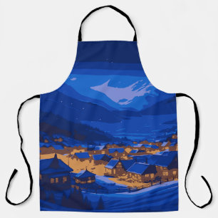 Retro Village Mountain Blue Gold Landscape  Apron