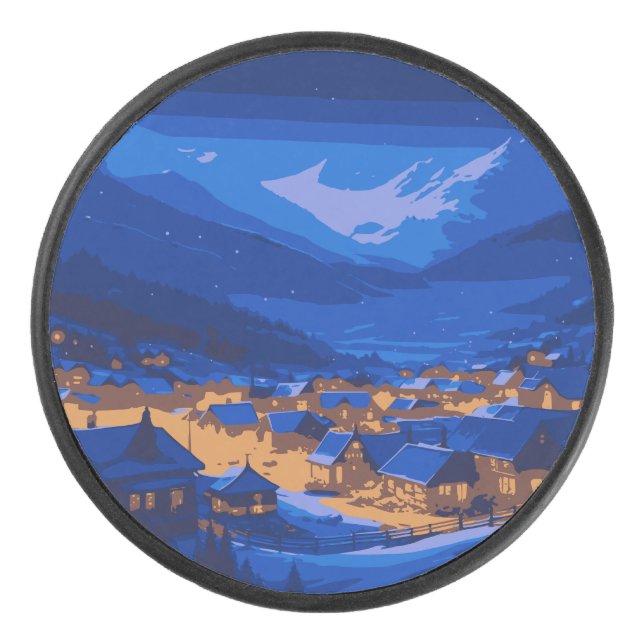 Retro Village Mountain Blue Gold Landscape  Hockey Puck (Front)