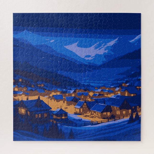 Retro Village Mountain Blue Gold Landscape  Jigsaw Puzzle (Vertical)