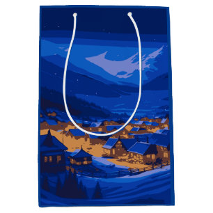 Retro Village Mountain Blue Gold Landscape  Medium Gift Bag